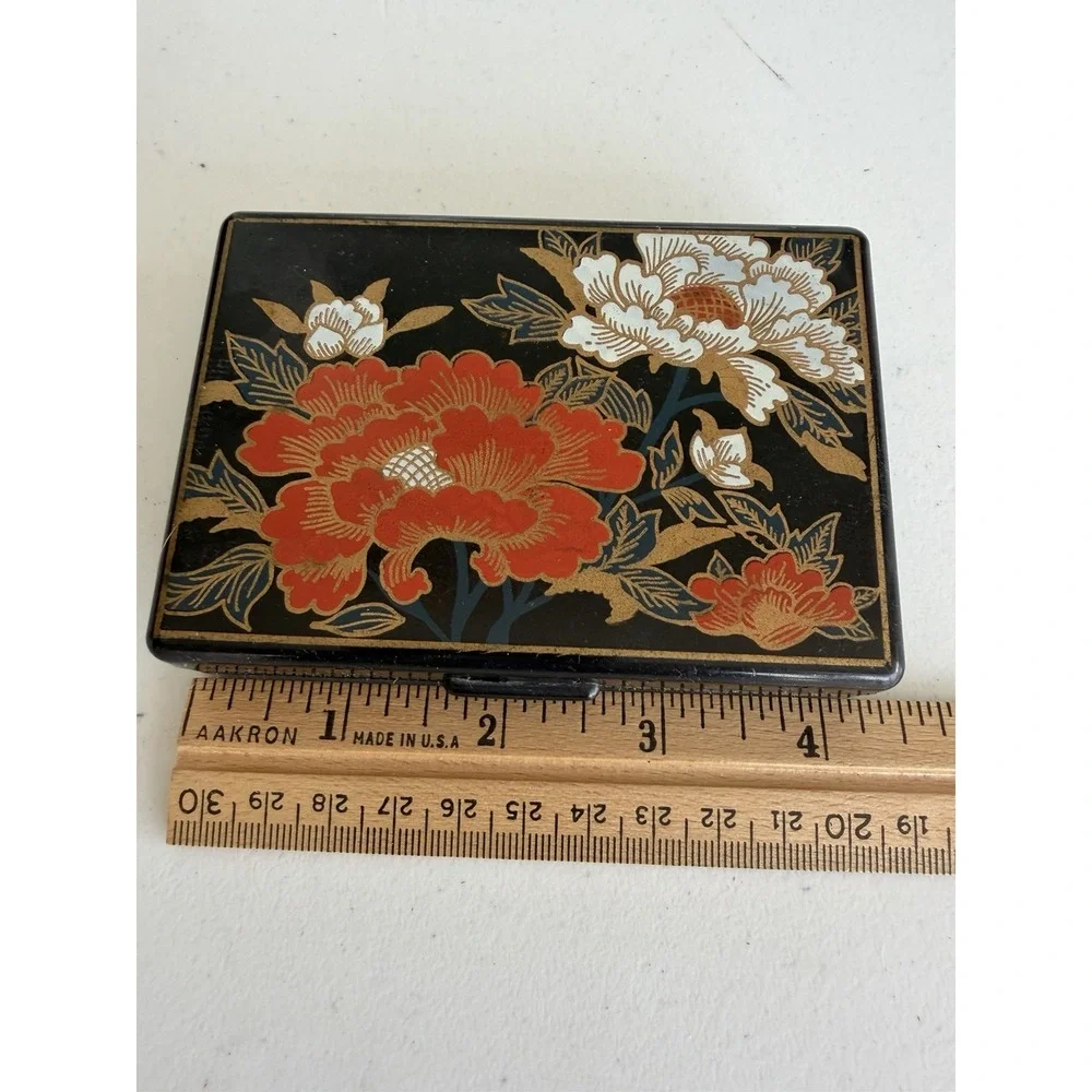 Vtg Japanese Black Lacquer Style Floral Compact w/Mirror Tissue Holder